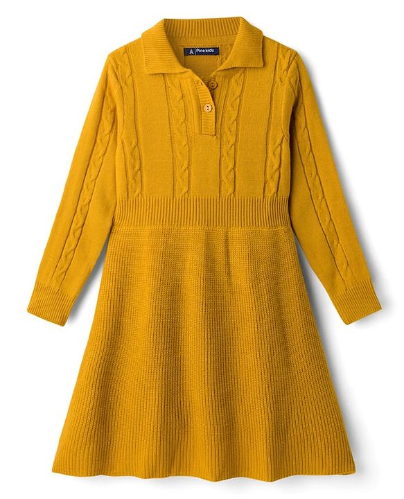 Pine Kids Knit Full Sleeves Woolen Dress with Cable Knit Design - Mustard
