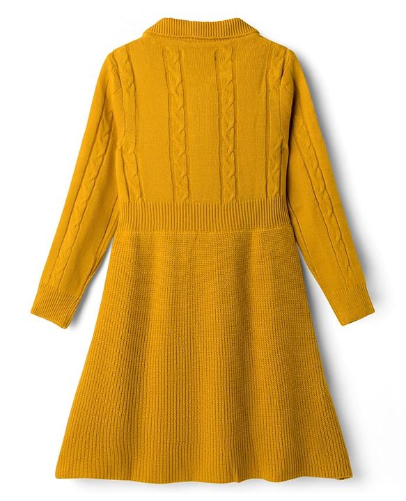 Pine Kids Knit Full Sleeves Woolen Dress with Cable Knit Design - Mustard