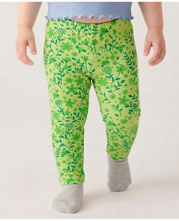Babyhug Cotton Lycra Knit Full Length Leggings with Polka Dots Floral & Fruits Print Pack of 3 - Green Pink & Navy Blue