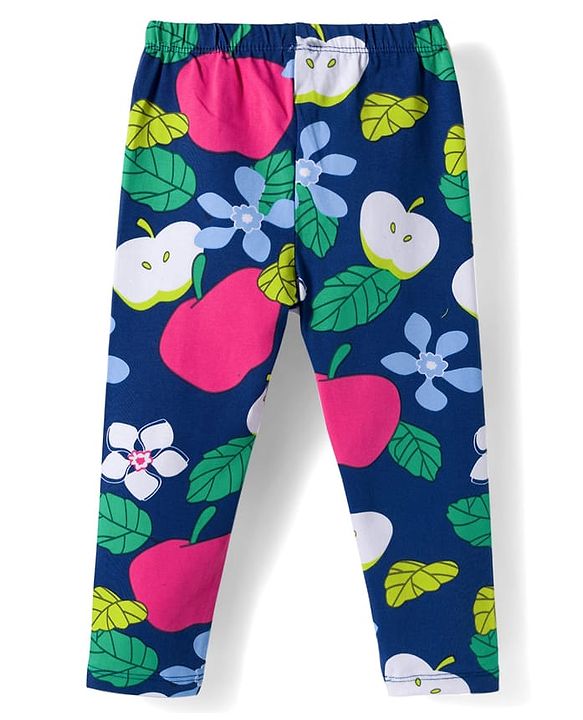 Babyhug Cotton Lycra Knit Full Length Leggings with Polka Dots Floral & Fruits Print Pack of 3 - Green Pink & Navy Blue