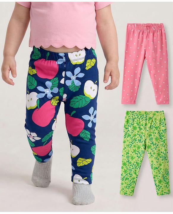 Babyhug Cotton Lycra Knit Full Length Leggings with Polka Dots Floral & Fruits Print Pack of 3 - Green Pink & Navy Blue
