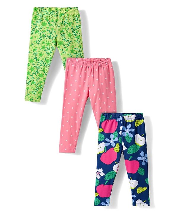 Babyhug Cotton Lycra Knit Full Length Leggings with Polka Dots Floral & Fruits Print Pack of 3 - Green Pink & Navy Blue