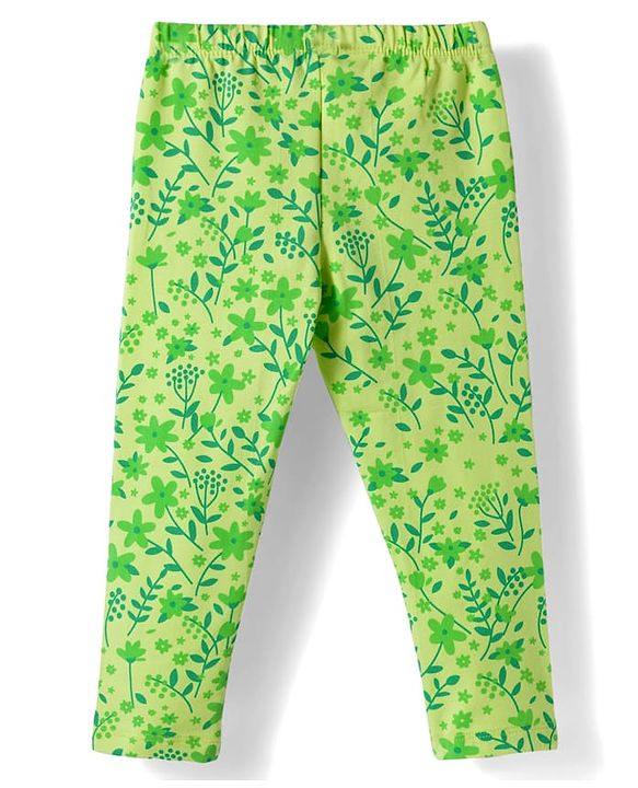 Babyhug Cotton Lycra Knit Full Length Leggings with Polka Dots Floral & Fruits Print Pack of 3 - Green Pink & Navy Blue