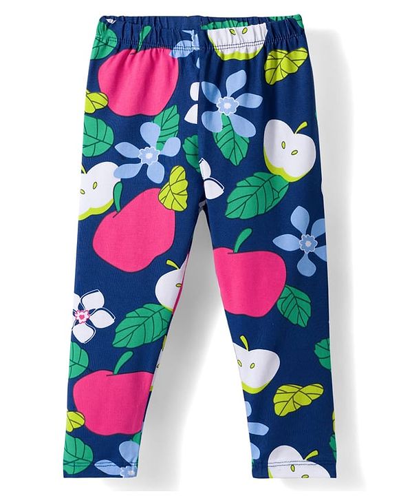 Babyhug Cotton Lycra Knit Full Length Leggings with Polka Dots Floral & Fruits Print Pack of 3 - Green Pink & Navy Blue