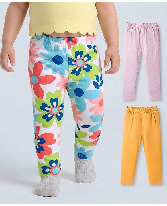 Babyhug Cotton Lycra Knit Full Length Leggings with Stretch Polka Dots & Floral Print Pack of 3 - Pink & Light Orange
