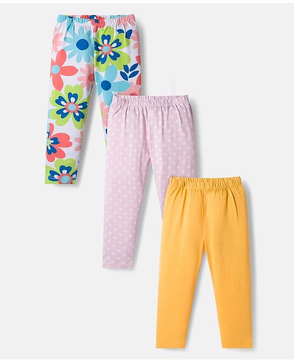 Babyhug Cotton Lycra Knit Full Length Leggings with Stretch Polka Dots & Floral Print Pack of 3 - Pink & Light Orange