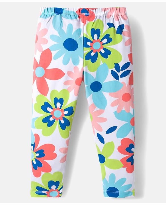 Babyhug Cotton Lycra Knit Full Length Leggings with Stretch Polka Dots & Floral Print Pack of 3 - Pink & Light Orange