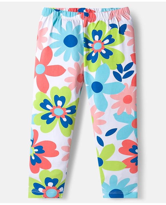 Babyhug Cotton Lycra Knit Full Length Leggings with Stretch Polka Dots & Floral Print Pack of 3 - Pink & Light Orange