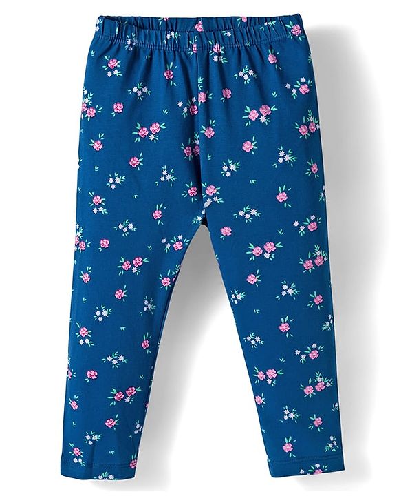 Babyhug  Cotton Knit Full Length Leggings With Stretch & Floral Print Pack Of 3 - Blue Pink & Red