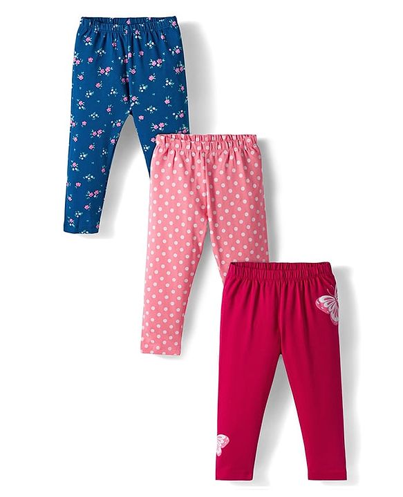 Babyhug  Cotton Knit Full Length Leggings With Stretch & Floral Print Pack Of 3 - Blue Pink & Red