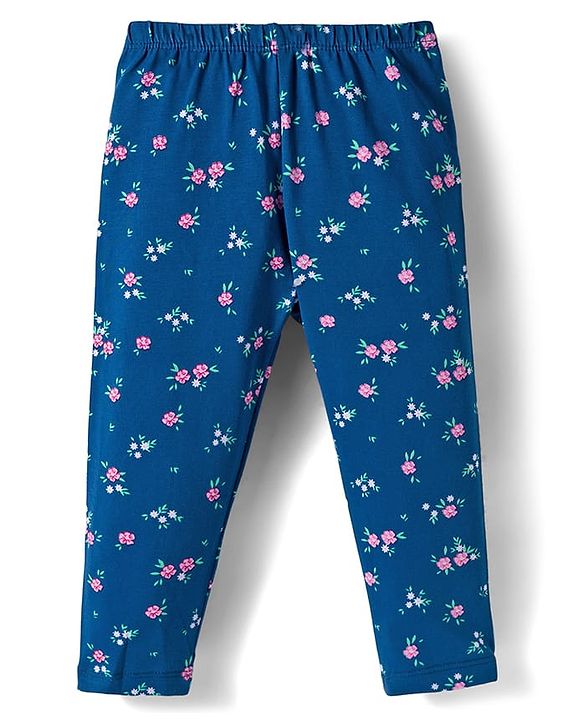 Babyhug  Cotton Knit Full Length Leggings With Stretch & Floral Print Pack Of 3 - Blue Pink & Red