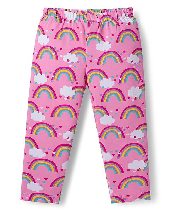 Babyhug Cotton Lycra Knit Full Length Leggings with Stretch with Heart & Rainbow Print Pack of 3 - Light Orange Pink & Navy Blue