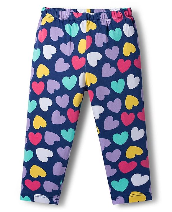 Babyhug Cotton Lycra Knit Full Length Leggings with Stretch with Heart & Rainbow Print Pack of 3 - Light Orange Pink & Navy Blue