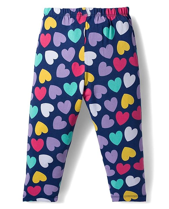 Babyhug Cotton Lycra Knit Full Length Leggings with Stretch with Heart & Rainbow Print Pack of 3 - Light Orange Pink & Navy Blue