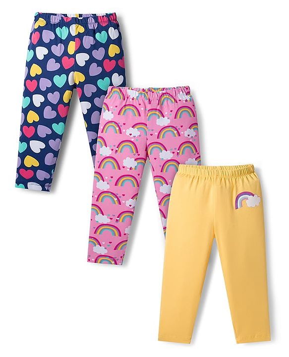 Babyhug Cotton Lycra Knit Full Length Leggings with Stretch with Heart & Rainbow Print Pack of 3 - Light Orange Pink & Navy Blue