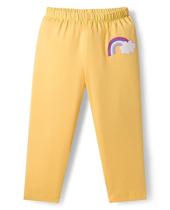 Babyhug Cotton Lycra Knit Full Length Leggings with Stretch with Heart & Rainbow Print Pack of 3 - Light Orange Pink & Navy Blue