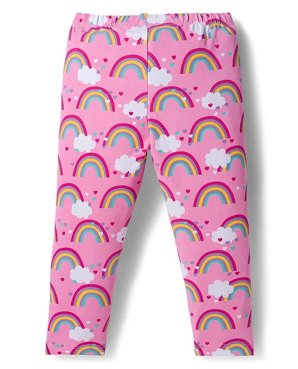 Babyhug Cotton Lycra Knit Full Length Leggings with Stretch with Heart & Rainbow Print Pack of 3 - Light Orange Pink & Navy Blue