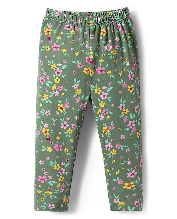 Babyhug Cotton Knit Full Length Leggings With Floral & Polka Dot Print Pack Of 3 - Pink Yellow & Green