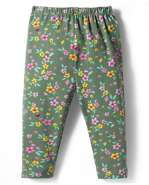 Babyhug Cotton Knit Full Length Leggings With Floral & Polka Dot Print Pack Of 3 - Pink Yellow & Green