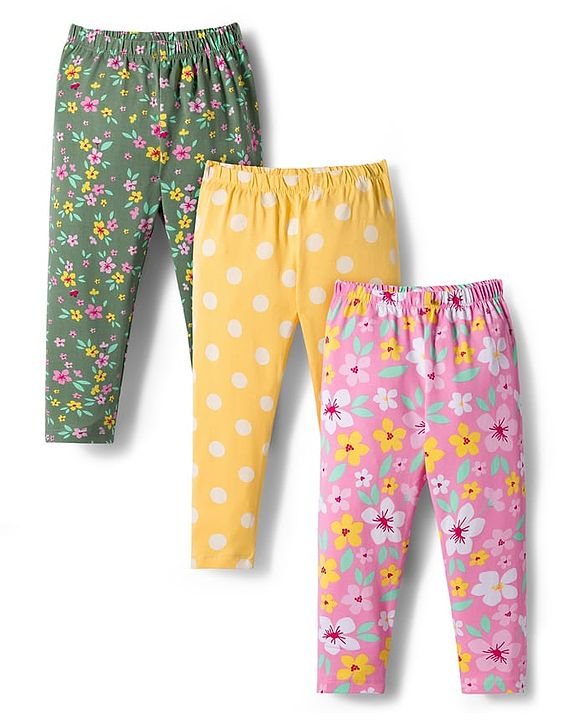 Babyhug Cotton Knit Full Length Leggings With Floral & Polka Dot Print Pack Of 3 - Pink Yellow & Green