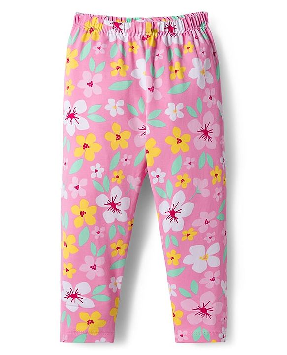 Babyhug Cotton Knit Full Length Leggings With Floral & Polka Dot Print Pack Of 3 - Pink Yellow & Green