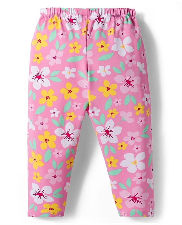 Babyhug Cotton Knit Full Length Leggings With Floral & Polka Dot Print Pack Of 3 - Pink Yellow & Green