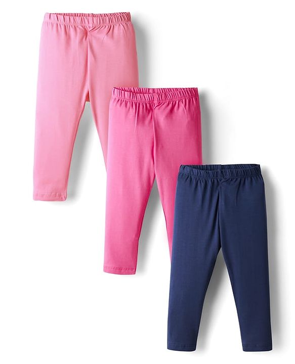 Babyhug Cotton Lycra Knit Full Length Solid Color Leggings With Stretch Pack of 3 - Pink & Navy Blue