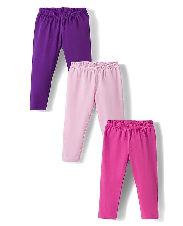 Babyhug Cotton Knit Full Length Solid Colour Leggings Pack Of 3 - Purple Pink & Fuchsia