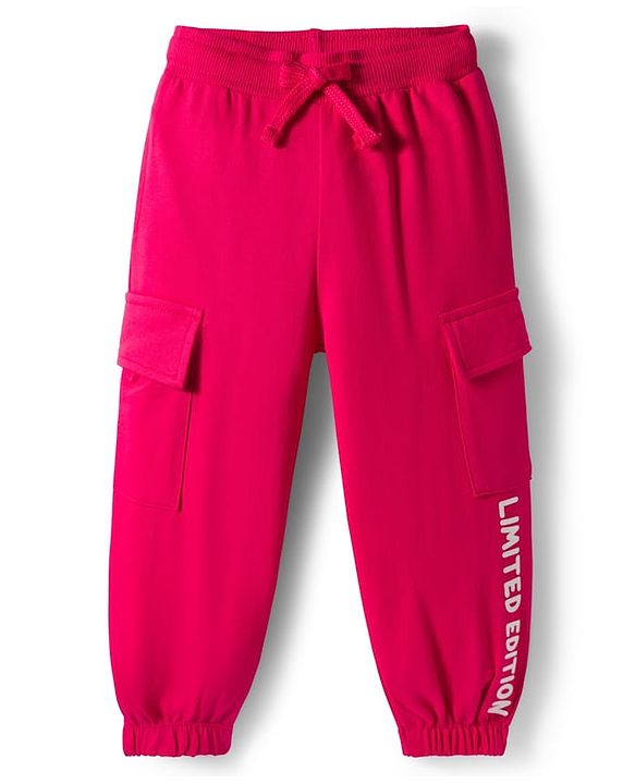 Babyhug French Terry Knit Full Length Lounge Pant with Limited Edition Text Print & Pocket - Dark Pink