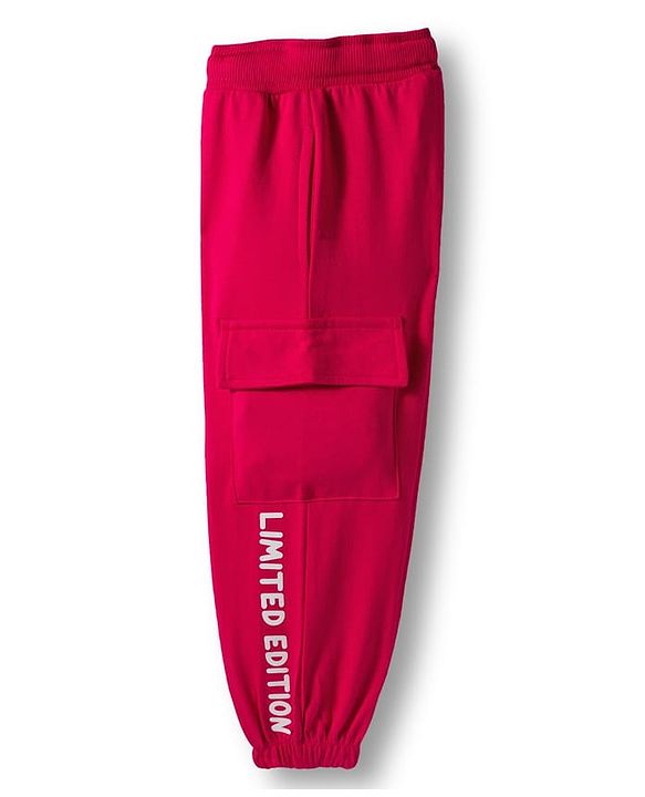 Babyhug French Terry Knit Full Length Lounge Pant with Limited Edition Text Print & Pocket - Dark Pink