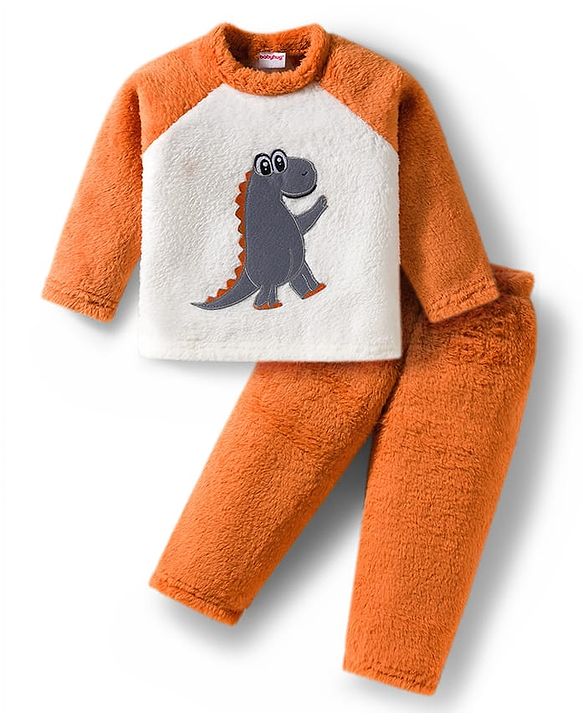 Babyhug Velour Knit Full Raglan Sleeves Winter Wear Night Suit With Dino Print - Orange