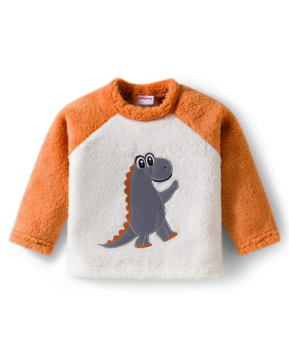 Babyhug Velour Knit Full Raglan Sleeves Winter Wear Night Suit With Dino Print - Orange