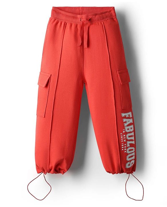 Babyhug French Terry Full Length Lounge Pant With Text Print - Red