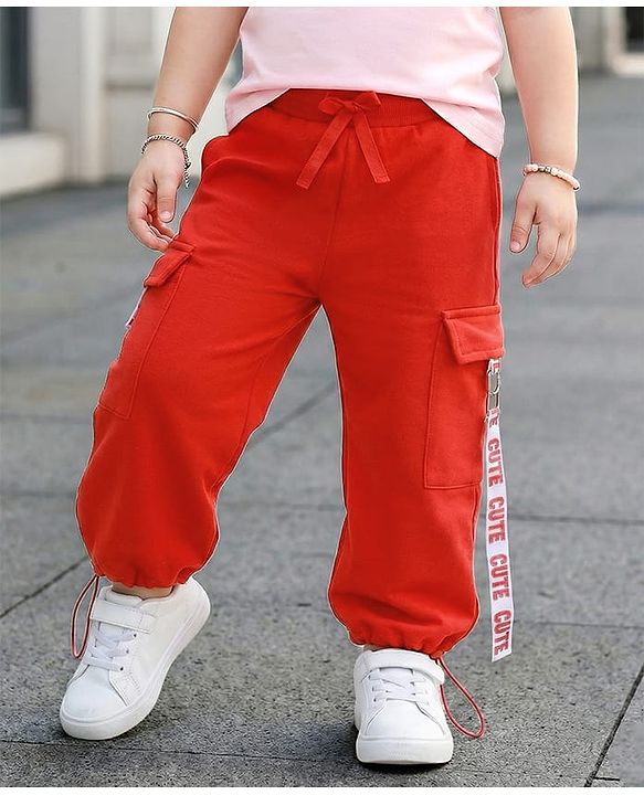 Babyhug Terry Knit Full Length Track Pants with Cute Text Print - Red