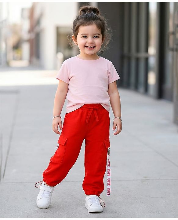 Babyhug Terry Knit Full Length Track Pants with Cute Text Print - Red