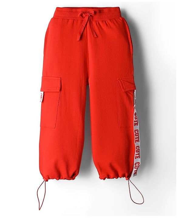 Babyhug Terry Knit Full Length Track Pants with Cute Text Print - Red