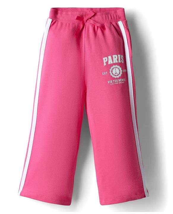 Babyhug French Terry Knit Full Length Track Pant with Tape Design & Paris Print - Dark Pink