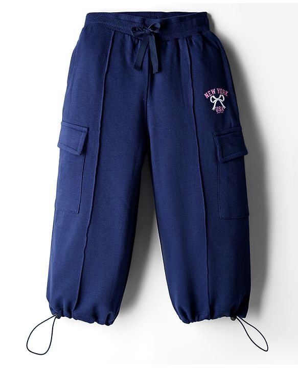 Babyhug French Terry Knit Full Length Lounge Pant With Text Print - Navy Blue