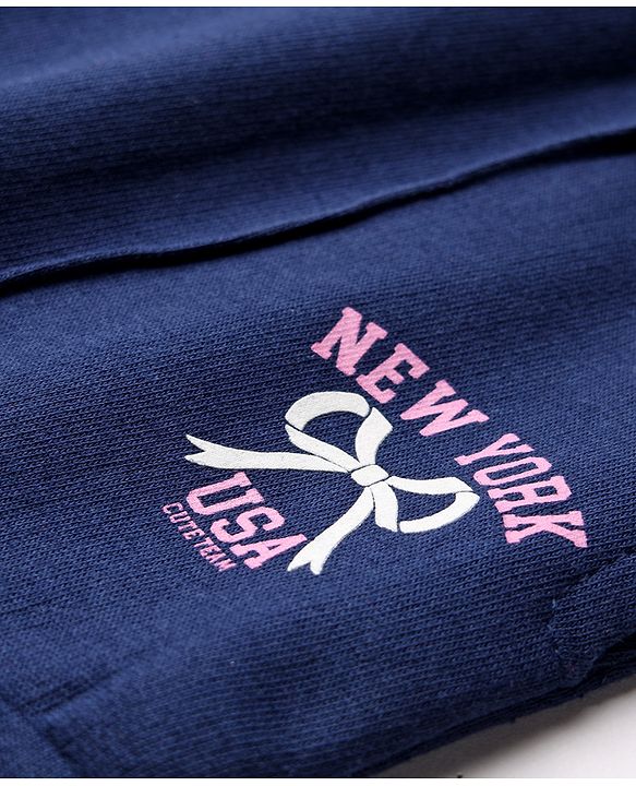 Babyhug French Terry Knit Full Length Lounge Pant With Text Print - Navy Blue