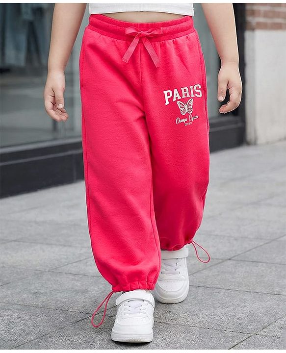 Babyhug French Terry Knit Full Length Lounge Pant with Paris Print - Dark Pink