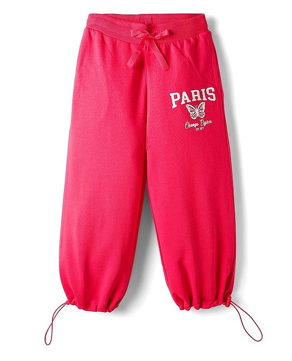 Babyhug French Terry Knit Full Length Lounge Pant with Paris Print - Dark Pink