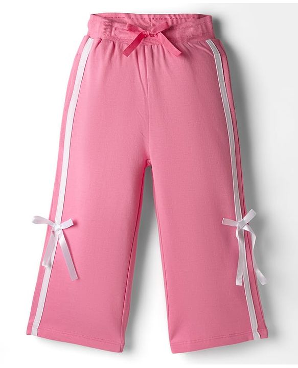 Babyhug French Terry Knit Full Length Track Pant with Tape Design & Bow Applique - Pink
