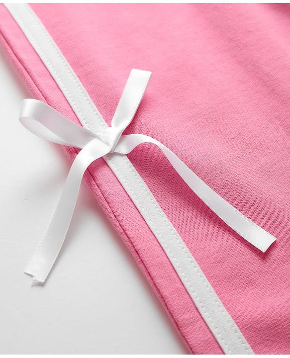 Babyhug French Terry Knit Full Length Track Pant with Tape Design & Bow Applique - Pink