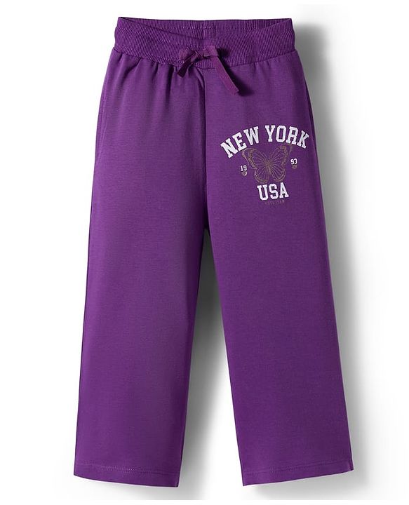 Babyhug French Terry Full Length Lounge Pant With Text Print - Purple