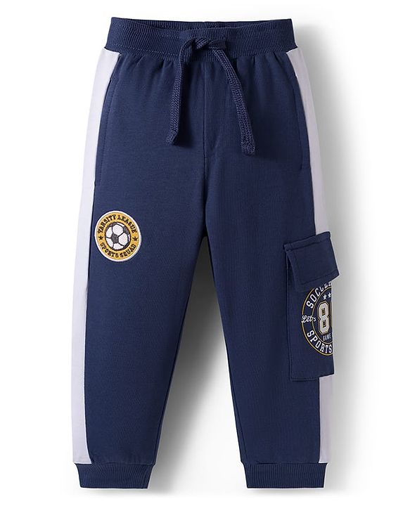 Babyhug French Terry Knit Full Length Lounge Pant with Badge & Pocket - Navy Blue