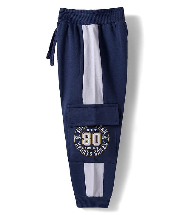 Babyhug French Terry Knit Full Length Lounge Pant with Badge & Pocket - Navy Blue