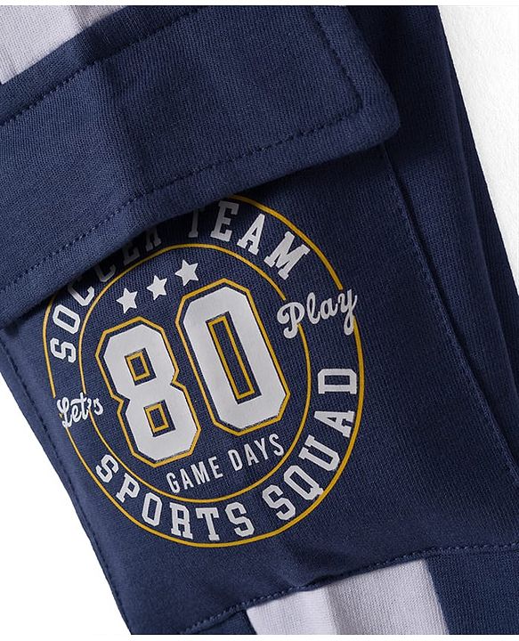 Babyhug French Terry Knit Full Length Lounge Pant with Badge & Pocket - Navy Blue