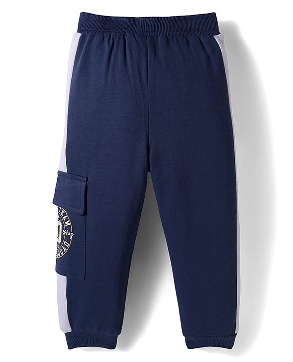 Babyhug French Terry Knit Full Length Lounge Pant with Badge & Pocket - Navy Blue