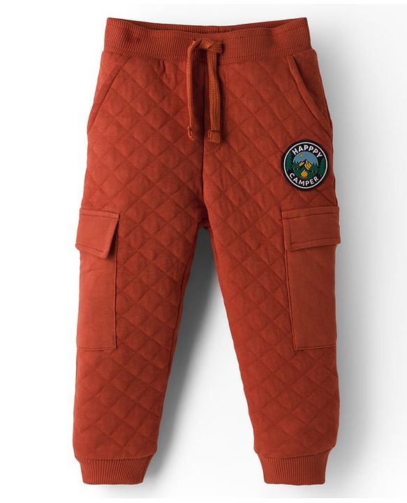 Babyhug French Terry Knit Full Length Lounge Pant with Badge & Pocket - Rust Orange