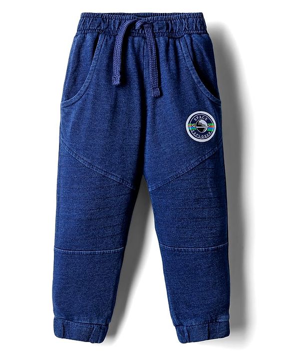 Babyhug French Terry Knit Full Length Lounge Pant with Cut & Sew Design & Space Print - Navy Blue